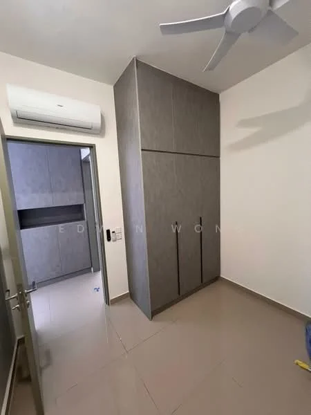 Room features: cream painted walls, glossy tile flooring, built-in wardrobe with grey finish, 1 wall-mounted split AC, ceiling fan, door leading to another room, light switch, neutral decor; style: modern.