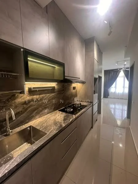 Kitchen features: single-bowl stainless-steel sink, chrome pull-down faucet, marble countertop, grey cabinetry with flat-panel doors, built-in oven, freestanding range oven, 4-burner gas hob, tile backsplash, recessed LED downlights, white walls, glossy tile flooring, floor-to-ceiling windows with sheer curtains; style: modern; view: city.