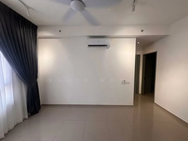 Room features: white painted walls, grey tiled flooring, 5-blade ceiling fan, wall-mounted split AC, floor-to-ceiling windows with sheer curtains, dark grey curtains, recessed lighting, doorway leading to another room; style: modern.