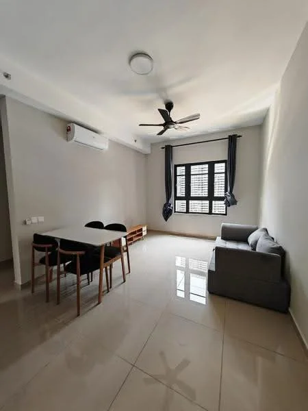 Living features: white painted walls, glossy ceramic tile flooring, 5-blade ceiling fan with light, floor-to-ceiling window with black curtains, grey fabric sofa, 4-seater dining table with wooden legs, air conditioning unit mounted on wall, wooden bench; style: modern.