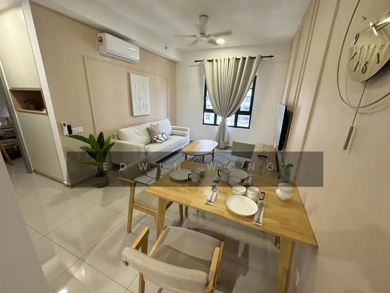 Living features: 3-seater fabric sofa in white, wooden coffee table, TV console, wall-mounted TV, dining table with 4 chairs, ceiling fan, light-colored walls, tile flooring, curtains, decorative wall art; style: modern.