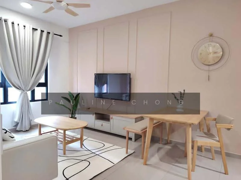 Living features: light grey painted walls, white ceiling, 5-blade ceiling fan with light, floor-to-ceiling windows, sheer curtains, light wood coffee table, light wood dining table, light wood dining chairs, wall-mounted TV, TV console with storage, area rug with geometric pattern, decorative wall clock; style: modern.