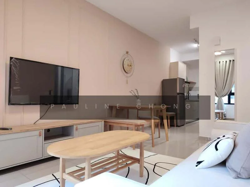 Living features: light pink painted walls, white ceiling, polished tile flooring, 3-seater fabric sofa in light grey, wooden coffee table, TV console with storage, wall-mounted flat-screen TV, decorative wall clock, floor-to-ceiling window with sheer curtains, refrigerator visible in background, open layout to kitchen, area rug with geometric pattern; style: modern.