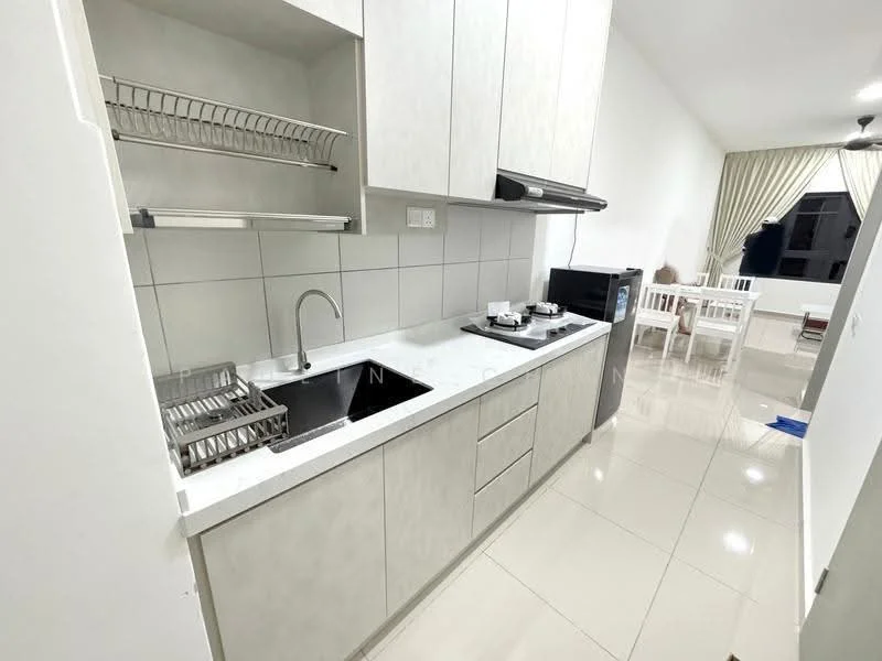 Kitchen features: light grey cabinetry, white quartz countertop, single-bowl stainless-steel sink, chrome pull-down faucet, built-in gas stove, extraction hood, open shelving, ceramic tile flooring, white tiled backsplash, recessed downlights; style: modern. Dining features: dining table with four chairs, natural light from window, curtains, white walls; style: modern.