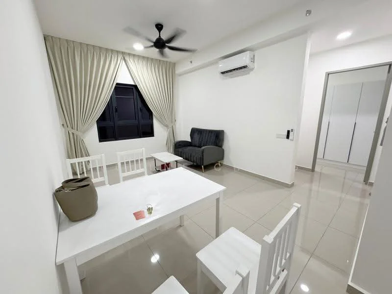 Living features: white painted walls, glossy ceramic tile flooring, 5-blade ceiling fan with light, sofa in dark grey, white dining table, 4 white dining chairs, floor-to-ceiling window with black frame, sheer curtains, air conditioning unit on wall, decorative vase on table; style: modern. Room features: white painted walls, glossy ceramic tile flooring, built-in wardrobe with sliding doors.