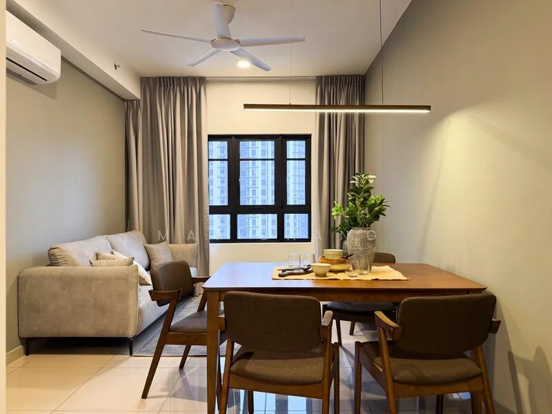 Dining features: wood dining table, 4 upholstered dining chairs, pendant light, floor-to-ceiling windows, grey painted walls, light-colored flooring, decorative plant in vase, table setting with plates and glasses, sofa in light grey fabric, wall-mounted air conditioning unit, curtains in light fabric; style: modern; view: city.