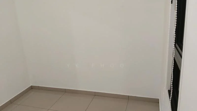 Room features: white painted walls, tile flooring, corner window, blinds on window.