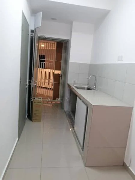 Room features: white painted walls, glossy tile flooring, single-bowl stainless-steel sink, chrome pull-down faucet, light-colored cabinetry, countertop with integrated sink, door leading to hallway, window with security bars; style: modern.