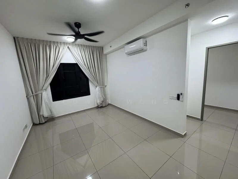 Room features: white painted walls, grey tiled flooring, 5-blade ceiling fan, wall-mounted split AC, floor-to-ceiling window with black frame, sheer curtains, recessed ceiling lights, doorway leading to another room; style: modern.
