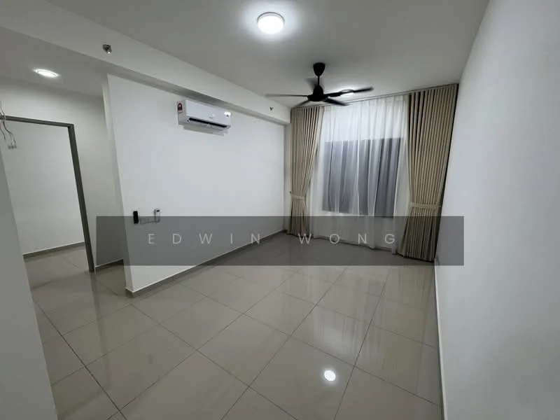 Living features: white painted walls, polished ceramic tile flooring, 5-blade ceiling fan with light, floor-to-ceiling window with sheer curtains, wall-mounted split AC, recessed downlights; style: modern.