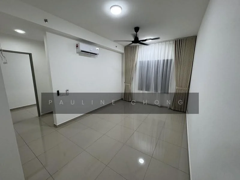 Room features: white painted walls, glossy ceramic tile flooring, 5-blade ceiling fan with light, wall-mounted split AC, floor-to-ceiling window with sheer curtains, curtains with tiebacks, recessed ceiling lights; style: modern.