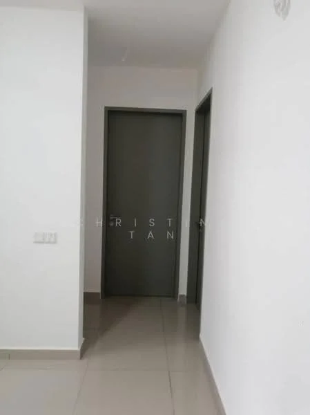 Room features: white painted walls, grey doors, tile flooring, neutral color scheme, hallway lighting, corner wall, baseboards; style: modern.