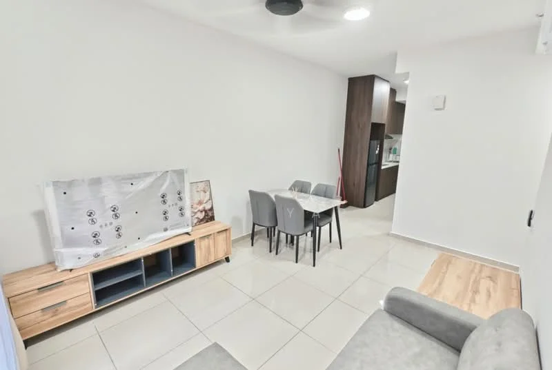 Living features: light grey fabric sofa, wooden TV console, wall-mounted TV, dining table for 4, grey upholstered dining chairs, white painted walls, tile flooring, ceiling fan, recessed downlights, open layout to kitchen, wooden cabinetry in kitchen, kitchen counter visible; style: modern.