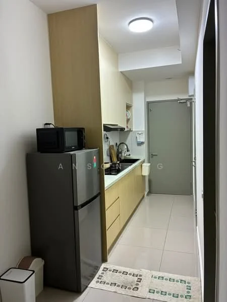 Kitchen features: light wood cabinetry, black countertop, stainless-steel sink, chrome pull-down faucet, built-in microwave, stainless-steel fridge, ceramic tile flooring, recessed ceiling lights, wall-mounted cabinet, kitchen utensils visible, kitchen towels, trash bin; style: modern.