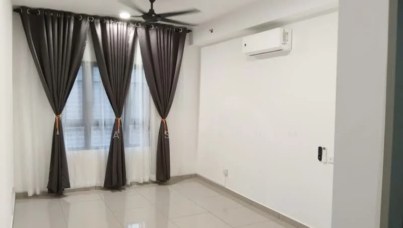 Room features: white painted walls, grey floor tiles, 5-blade ceiling fan with light, floor-to-ceiling windows, sheer curtains, blackout curtains, wall-mounted split AC; style: modern.