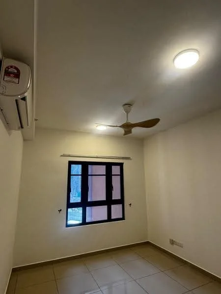 Room features: white painted walls, ceiling with recessed downlights, 5-blade ceiling fan, floor-to-ceiling window, tile flooring, wall-mounted split AC, window with black frame, neutral color scheme; style: modern.