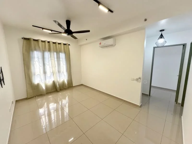 Living features: white painted walls, glossy ceramic tile flooring, 5-blade ceiling fan with light, wall-mounted split AC, floor-to-ceiling window with sheer curtains, recessed downlights, decorative pendant light, neutral color scheme; style: modern.