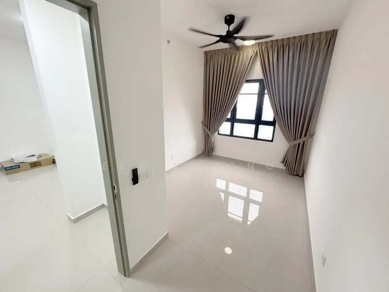 Room features: white painted walls, glossy tile flooring, 5-blade ceiling fan, floor-to-ceiling windows, sheer curtains, neutral color scheme, natural light, corner room layout; style: modern; view: city.