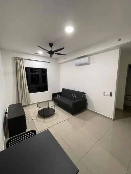 Living features: black fabric sofa, round glass coffee table, black TV console, wall-mounted TV, 5-blade ceiling fan with light, wall-mounted split AC, cream curtains, tile flooring, white painted walls, large window with black frame; style: modern.