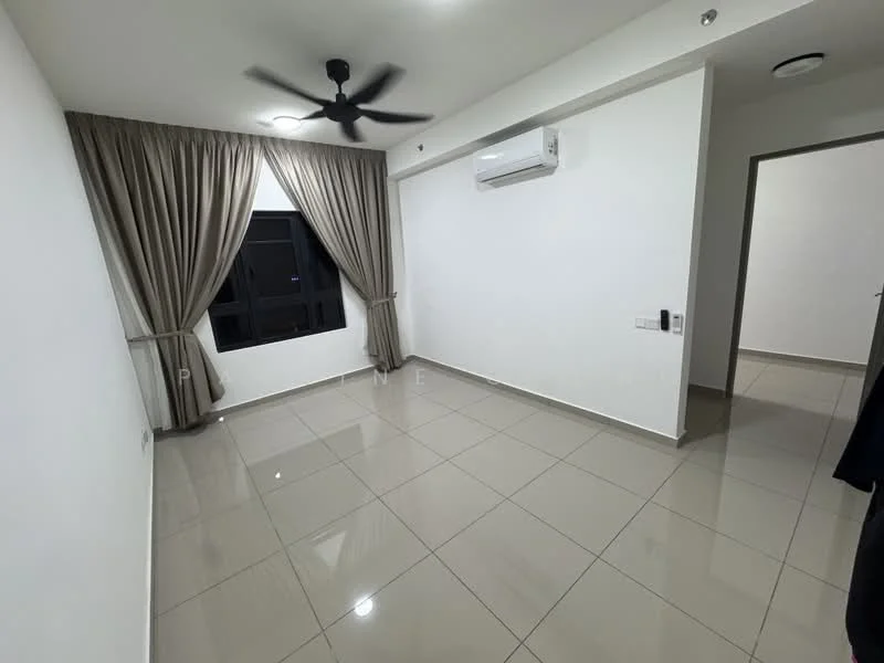 Room features: white painted walls, glossy ceramic tile flooring, ceiling fan, wall-mounted split AC, floor-to-ceiling window, curtains, recessed ceiling lights; style: modern; view: city.