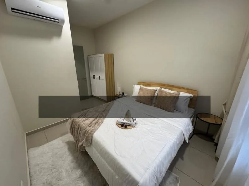 Bedroom features: queen-size bed with wooden headboard, white bedding, two decorative pillows, nightstand with round top, table lamp on nightstand, wall-mounted air conditioning unit, light-colored walls, neutral-colored carpet, built-in wardrobe, sheer curtains; style: modern.
