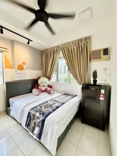 Bedroom features: queen-size bed, upholstered headboard, bedside lamps, curtains, floor-to-ceiling windows, wall-mounted air conditioning unit, white painted walls, tile flooring, decorative plant, fridge; style: modern; view: city.