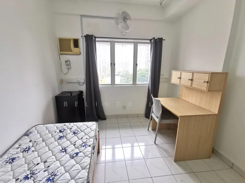 Bedroom features: single bed, mattress with floral pattern, study desk with drawers, white chair, floor-to-ceiling window, grey curtains, wall-mounted air conditioning unit, white painted walls, ceramic tile flooring, ceiling fan; style: modern; view: garden.