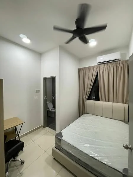 Bedroom features: queen-size bed, upholstered headboard, 2 bedside lamps, study desk with chair, wall-mounted split AC, 5-blade ceiling fan, floor-to-ceiling window with curtains, light-colored tiled flooring, white painted walls, door leading to bathroom; style: modern.