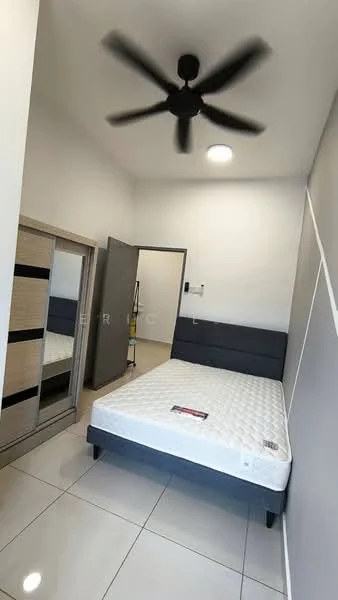 Bedroom features: queen-size bed, upholstered headboard, 5-blade ceiling fan, built-in wardrobe with sliding doors, white walls, grey accent wall, tile flooring, recessed ceiling light; style: modern.