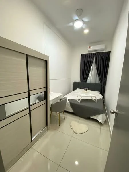 Bedroom features: queen-size bed with white bedding, upholstered headboard, 2 bedside tables, wall-mounted air conditioning unit, floor-to-ceiling window with black curtains, light grey ceramic tile flooring, ceiling fan with light, built-in wardrobe with mirrored sliding doors, decorative wall art, small round dining table with 2 chairs, area rug; style: modern.