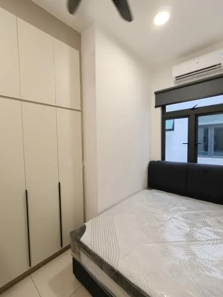 Bedroom features: queen-size bed, upholstered headboard, built-in wardrobe with sliding doors, floor-to-ceiling window, blackout curtains, wall-mounted air conditioning unit, recessed downlights, light-colored painted walls, glossy tile flooring, ceiling fan; style: modern.
