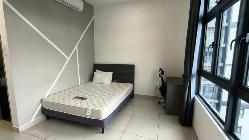 Bedroom features: queen-size bed frame without mattress, grey accent wall, white painted walls, tile flooring, floor-to-ceiling windows, black window frames, study desk, office chair, air conditioning unit; style: modern; view: city.