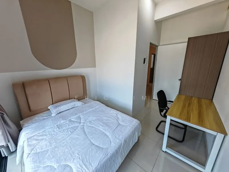Bedroom features: queen-size bed with upholstered headboard, white bedding, study desk with wooden top, black office chair, white tiled flooring, cream painted walls, window with natural light, built-in wardrobe; style: modern.