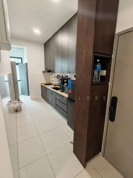 Kitchen features: dark wood cabinetry, white quartz countertop, built-in coffee machine, stainless-steel sink, chrome pull-down faucet, ceramic tile flooring, recessed LED downlights, wall-mounted storage unit, open shelving, kitchen appliances, sliding door to pantry, neutral wall colour; style: modern.