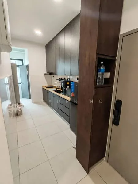 Kitchen features: dark wood cabinetry, light-colored countertop, built-in oven, stainless-steel sink, chrome faucet, ceramic tile flooring, recessed downlights, open shelving, water dispenser, kitchen island, pantry storage, white walls, door to utility area; style: modern.