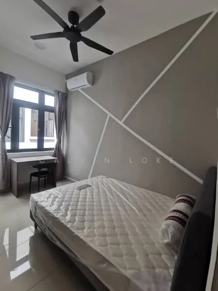 Bedroom features: queen-size bed, upholstered headboard, 2 bedside pillows, 5-blade ceiling fan, wall-mounted air conditioning unit, floor-to-ceiling windows, grey painted walls with geometric design, curtains, study desk, chair, glossy tile flooring; style: modern.