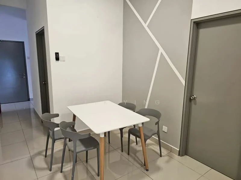 Dining features: white rectangular dining table, 4 grey plastic dining chairs, grey accent wall with geometric pattern, white painted walls, glossy tile flooring, doorway to adjacent room, light switch on wall, neutral color scheme; style: modern.