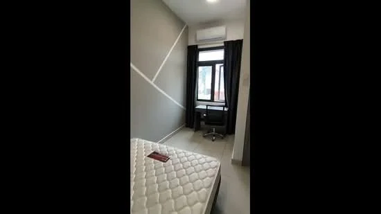 Bedroom features: grey painted walls, carpet flooring, floor-to-ceiling window, blackout curtains, wall-mounted split AC, study desk, office chair, queen-size bed with mattress; style: modern.