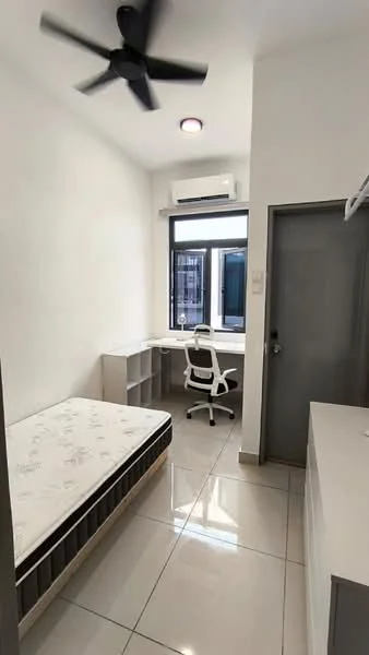 Bedroom features: white painted walls, tile flooring, 5-blade ceiling fan, wall-mounted split AC, single bed frame, desk with chair, built-in wardrobe, window with view, natural light from window; style: modern.