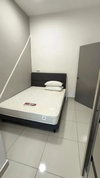 Bedroom features: queen-size bed, grey upholstered headboard, white bedding, white walls, grey accent wall, tile flooring, single door, built-in wardrobe, window with no visible treatment; style: modern.