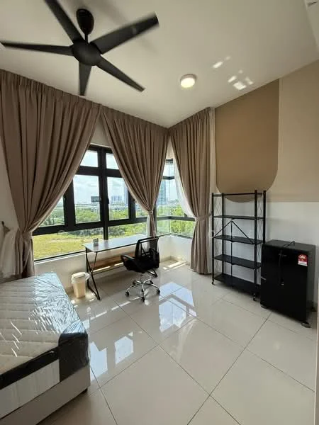 Bedroom features: king-size bed, upholstered headboard, floor-to-ceiling windows, blackout curtains, light-colored walls, white tiled flooring, 5-blade ceiling fan, study desk, office chair, black storage shelf, mini fridge; style: modern; view: garden.