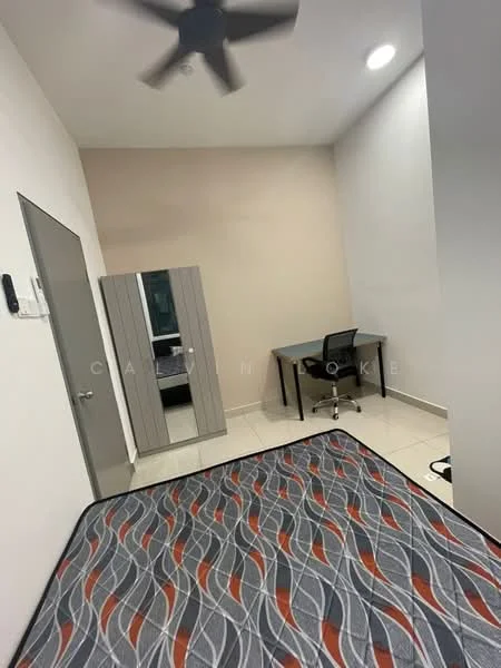Bedroom features: queen-size bed with patterned mattress, light grey painted walls, white ceiling, ceiling fan, tile flooring, built-in wardrobe with mirrored doors, study desk with black chair, wall-mounted light fixture; style: modern.