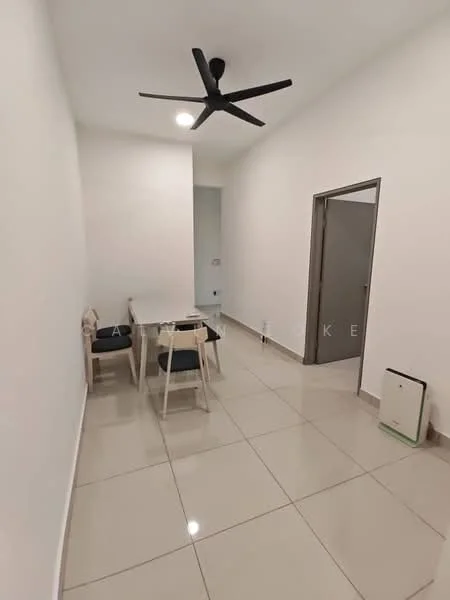 Room features: white painted walls, glossy ceramic tile flooring, 5-blade ceiling fan, dining table with two chairs, doorway leading to another room, air conditioning unit on the floor; style: modern.