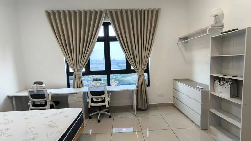 Bedroom features: large window with city view, floor-to-ceiling curtains, white painted walls, tile flooring, queen-size bed, two study desks with chairs, built-in shelving unit, chest of drawers, minimalist decor; style: modern; view: city.