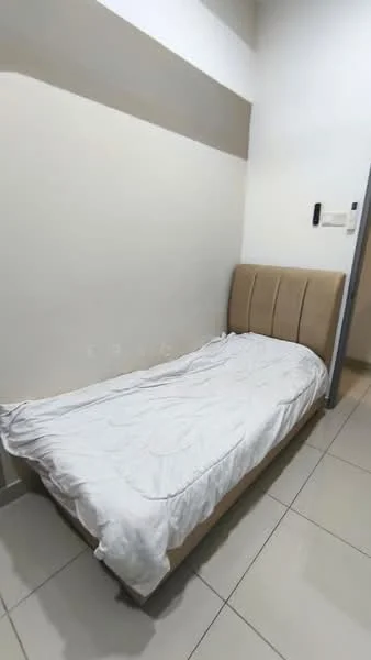 Bedroom features: single bed, beige upholstered headboard, white bedding, white painted walls, tile flooring, wall-mounted light switch, door frame, minimalist decor; style: modern.