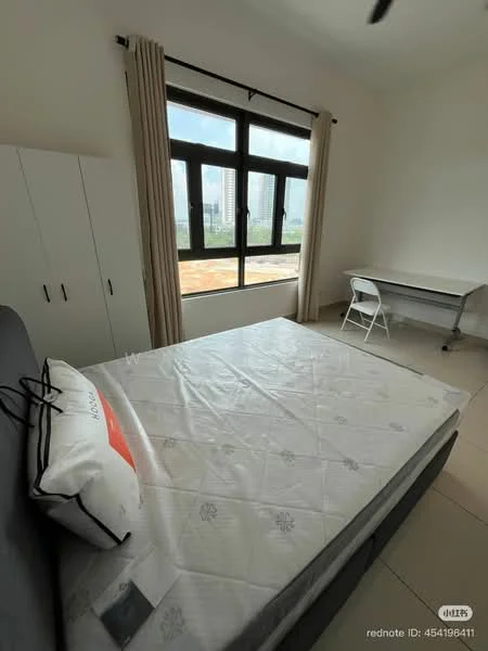 Bedroom features: queen-size bed, upholstered headboard, white bedding, floor-to-ceiling windows, curtains, built-in wardrobe, study desk, chair, tile flooring, light-colored walls, ceiling fan; style: modern; view: city.