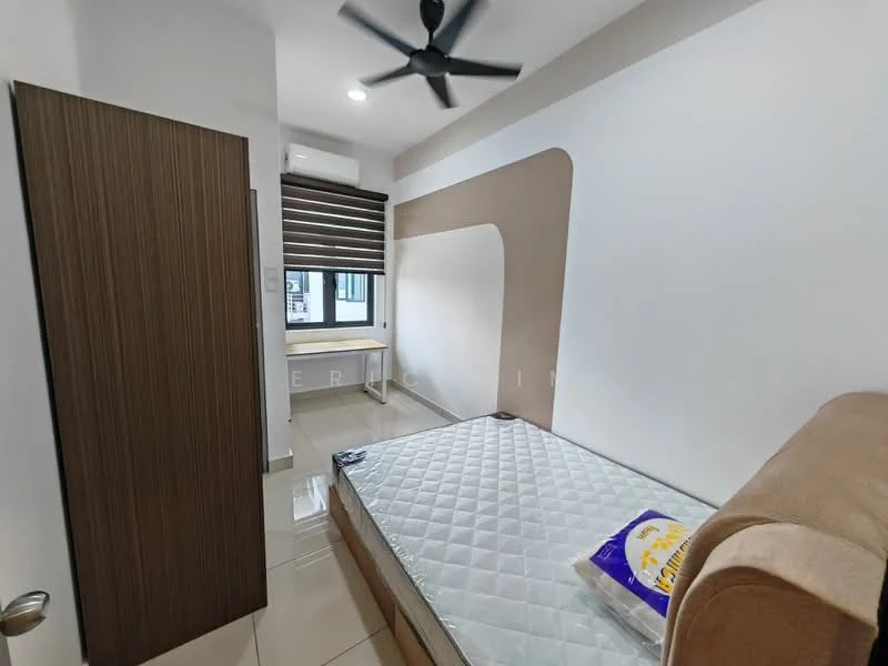 Bedroom features: queen-size bed frame, mattress on bed frame, wooden wardrobe, floor-to-ceiling window, roller blinds, white painted walls, light-colored tiled flooring, ceiling fan with light, air conditioning unit; style: modern.