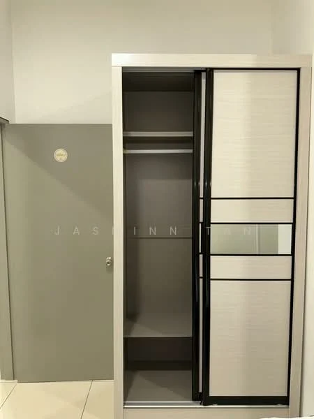 Room features: built-in wardrobe with sliding doors, grey cabinet, neutral wall colour, tile flooring, shelving inside wardrobe, hanging rod inside wardrobe; style: modern.