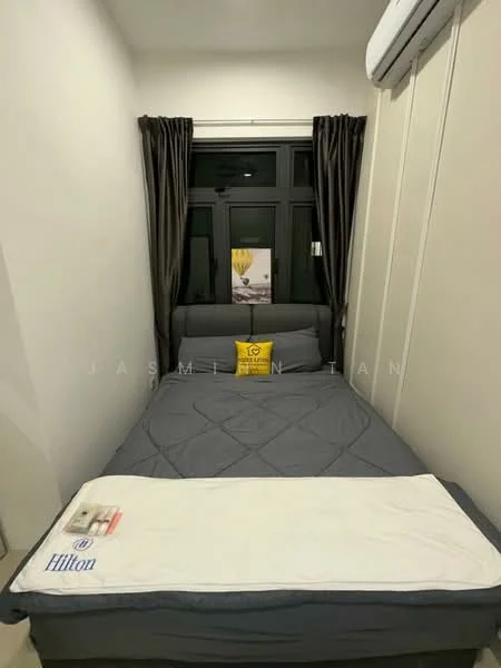 Bedroom features: queen-size bed with grey bedding, upholstered headboard, blackout curtains, floor-to-ceiling windows, air conditioning unit, decorative throw pillow, bedside table, wall-mounted artwork; style: modern.