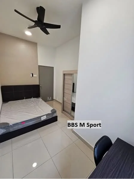 Bedroom features: queen-size bed with mattress, black upholstered bed frame, white painted walls, cream accent wall, glossy tile flooring, ceiling fan with light, built-in wardrobe with sliding doors, study desk, chair, wall-mounted light fixture; style: modern.